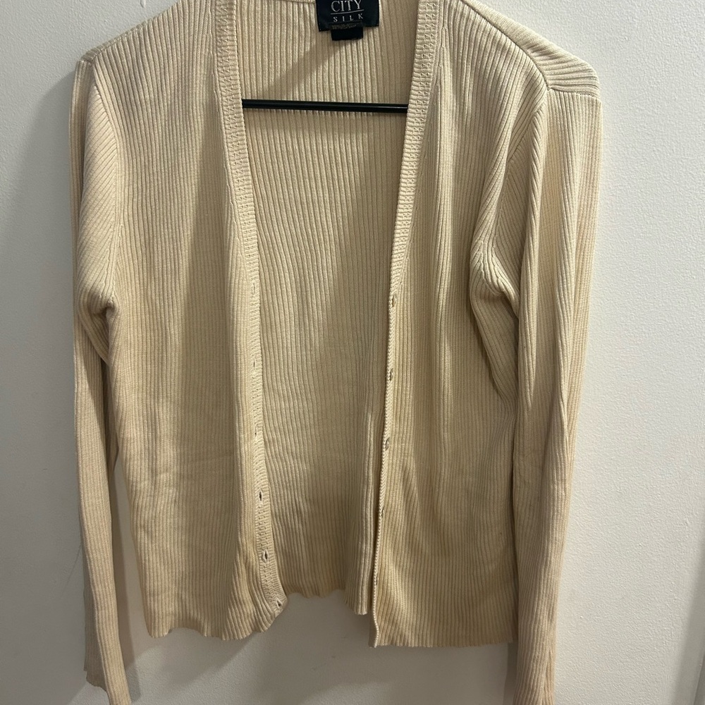 City Silk Knitwear Cream Ribbed Silk Cotton Blend Cardigan Sweater Womens Medium